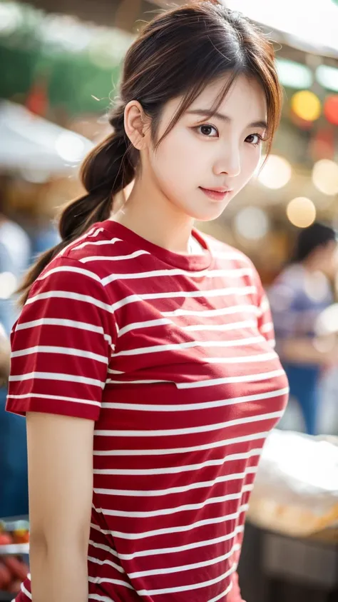 close-up of beautiful beautiful korean female, 34 inch breasts size, braided ponytail, wearing  red striped t-shirt, in the morning market, bokeh background,UHD