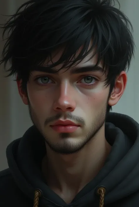 A boy with white skin tone... Little bit beard 
on his chin only... Teenager in 20... Black eyes... Little skinny... European.. black and 
short hair... He is always serious... 