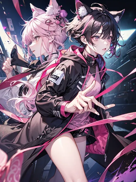 male性、Cat ear、hoodie、In the background, there are lights.、Pink and black gradient hair、Eye patch、Short Hair、Black clothes、coat、low length、Handsome、male