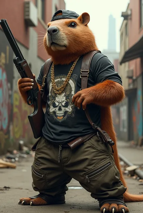 Capybara with a shotgun and hip hop clothes