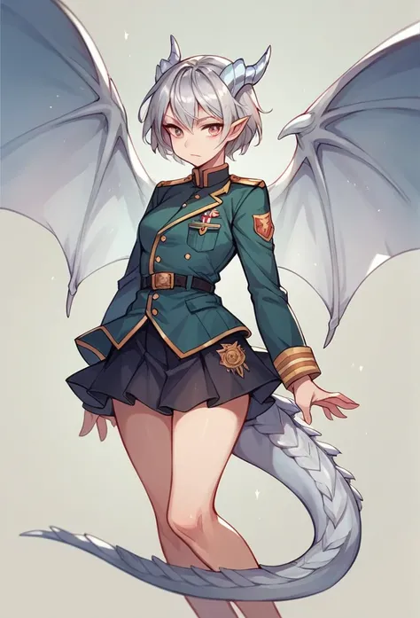 pretty girl,Military uniform,mini skirt,Silver short hair,Silver Dragon Horn,Silver Dragon Wings,Silver Dragon&#39;s Tail,Holds a long sword in his left hand,Bad Smile,Black long boots,Town,full body,Snowfield landscape,Snow is falling,medium breasts