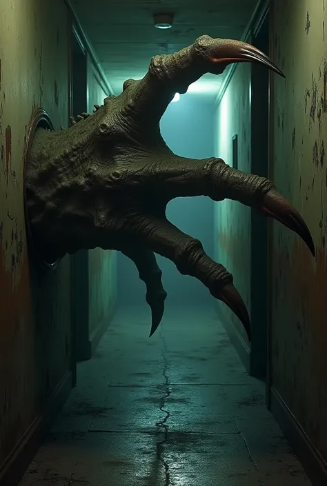 Grotesque claws coming out of an indoor hallway 