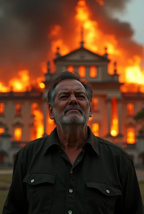 Luis Inácio Lula da Silva crying in front of the burning Planalto Palace