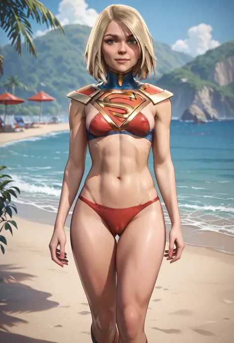 NSFW (red bikini) (Supergirl ((human)) medium breasts, cameltoe) fully body, walking on a deserted beach