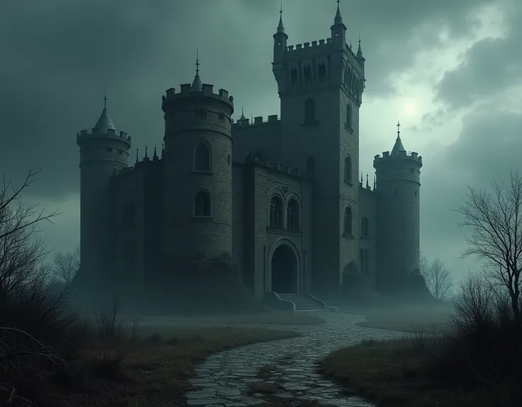 inside the big castle, dark and abandoned, the castle should convey an air of danger and mistrust