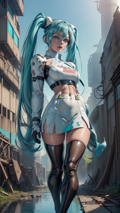 (the best quality,a high resolution,ultra - detailed,actual), miku hatsune, ,(ruined alley tokyo cyberpunk dungeon ruins backgro...