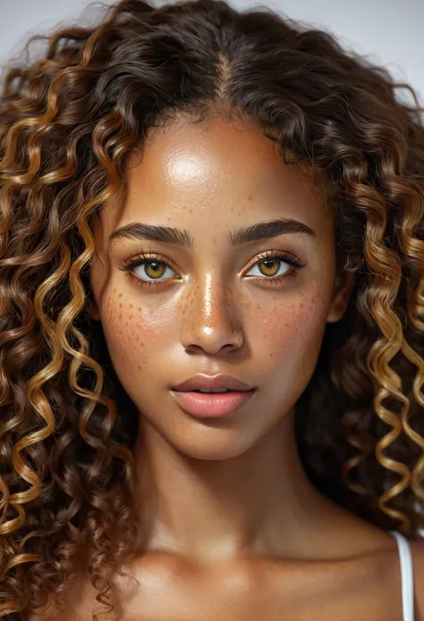 a beautiful black woman, west indies, freckles, long very curly blond hair, detailed perfect skin, beautiful almond clear yellow eyes, delicate nose and lips, Task of freckles, realist, (Best Quality,4k,8k,High resolution,masterpiece:1.2),ultra detailed,(r...