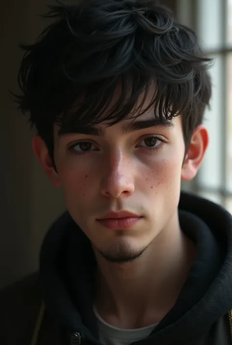 A boy with white skin tone. Little bit beard 
on his chin only. Teenager in 20. Black eyes.
 Little skinny. European. black and 
short hair. He is always serious.