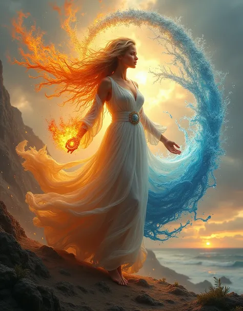 (Goddess of Fire, Water, Earth, and Air Fusion:1.4), (masterpiece:1.4, best quality), (photo realistic:1.4), a majestic and elemental figure embodying the balance and power of all four natural elements, dressed in a flowing gown that seamlessly blends fier...