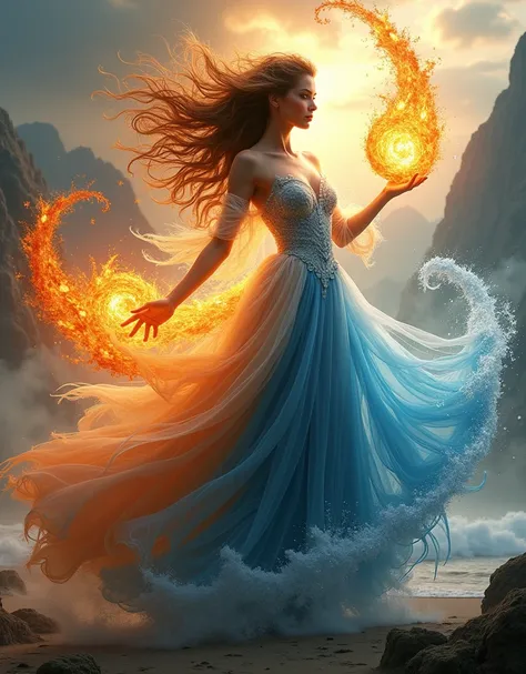 (Goddess of Fire, Water, Earth, and Air Fusion:1.4), (masterpiece:1.4, best quality), (photo realistic:1.4), a majestic and elemental figure embodying the balance and power of all four natural elements, dressed in a flowing gown that seamlessly blends fier...