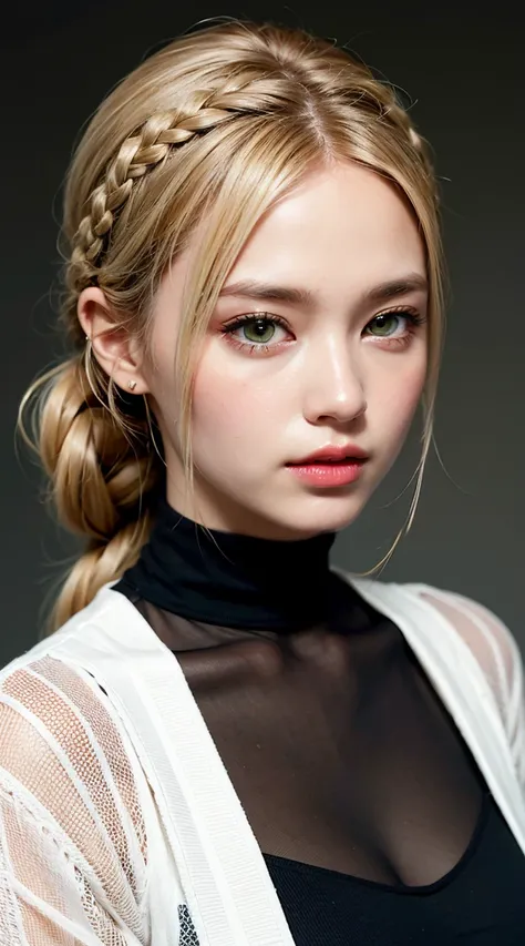 １５Caucasian model, Upper Body, masterpiece, Highest quality, Raw photo,　Narrow forehead , Photorealistic, face, 小faceの女性, beautiful, very cute,　Detailed eyes,  Braided Hairstyles, Depth of written boundary, High resolution, Super detailed, In detail, Very ...