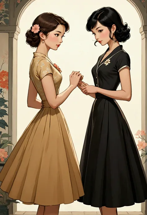 Two beautiful Sarah Kay style women very much in love, in a tender attitude towards each other, one British, with semi-short light brown hair and the other Asian, with very long black hair, both dressed in an elegant 50s style