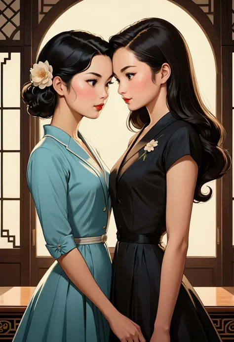 Two beautiful Sarah Kay style women very much in love, in a tender attitude towards each other, one British, with semi-short light brown hair and the other Asian, with very long black hair, both dressed in an elegant 50s style