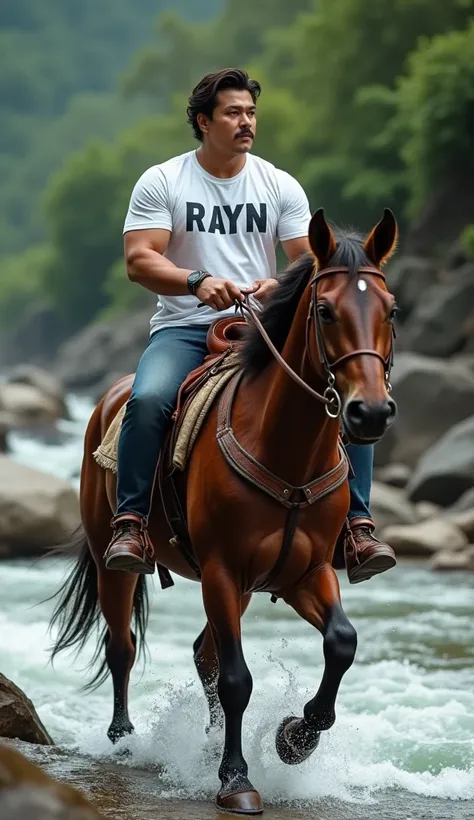 a photo-realism of a bit bulky 32-year-old handsome Indonesian man oval face wavy hair, white t-shirt written on the chest "RAYN" riding on the back of a saddled giant horse, HD 4k high detail ultra realistic dynamic hyper realistic oled,  vibrant , subsur...