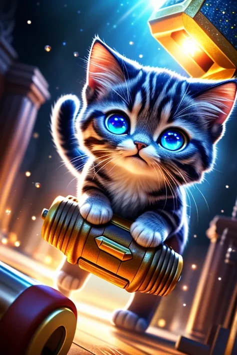 (Highest quality、masterpiece、8k))、Anatomically correct、Very detailed、High resolution、Cinematic lighting、Realistic、((Beautiful, sparkling, detailed eyes))、Intricate details、((Dynamic composition))、Cute kitten、Big head、((Super giant hammer：1.3))