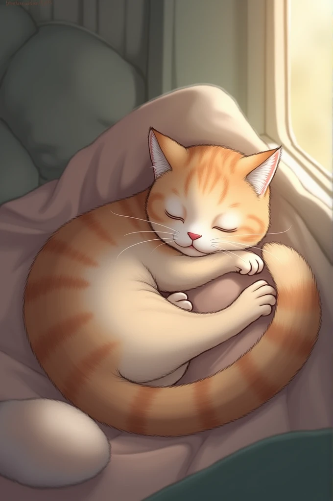 The cat is peacefully sleeping, holding the persons hand.