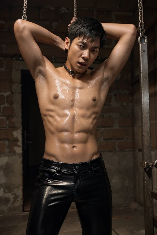 A shirtless skinny asian young man in wet leather pants screams while chained to a metal frame in dungeon