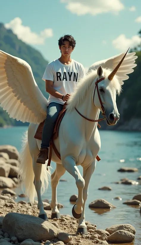 a photo-realism of a bit bulky 32-year-old handsome Indonesian man oval face wavy hair, white t-shirt written on the chest "RAYN" riding on the back of a saddled giant unicorn with wings, HD 4k high detail ultra realistic dynamic hyper realistic oled,  vib...