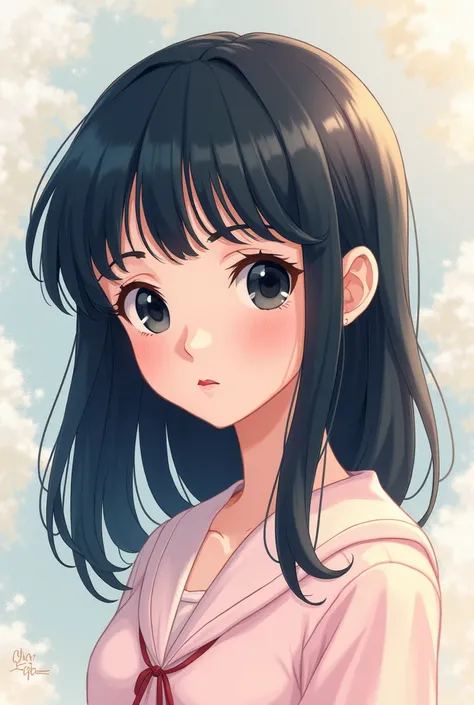 create an image in the Sailor Moon style of a girl with straight black hair to her shoulders, black eyes and a small nose