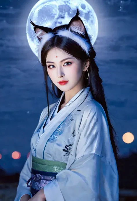 phantom,girl, cat ear, Beautiful Eastern women, Moonlit Night Background , Real women, cute,Japanese
