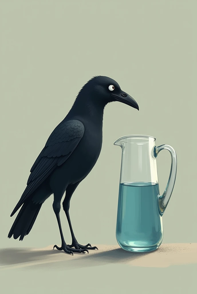 The crow sitting beside a tall pitcher, looking into it with a worried expression as the water is at the bottom.
Image size is 16 by 9