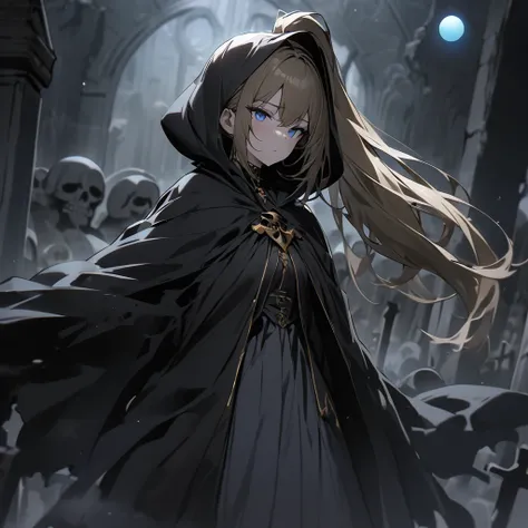 Top quality, masterpiece, high resolution, girl, gold ponytail hair, blue eyes, black cloak, Grim Reaper with death scythe, dark atmosphere, orb light floating in the air, Western cemetery,クローズアップ