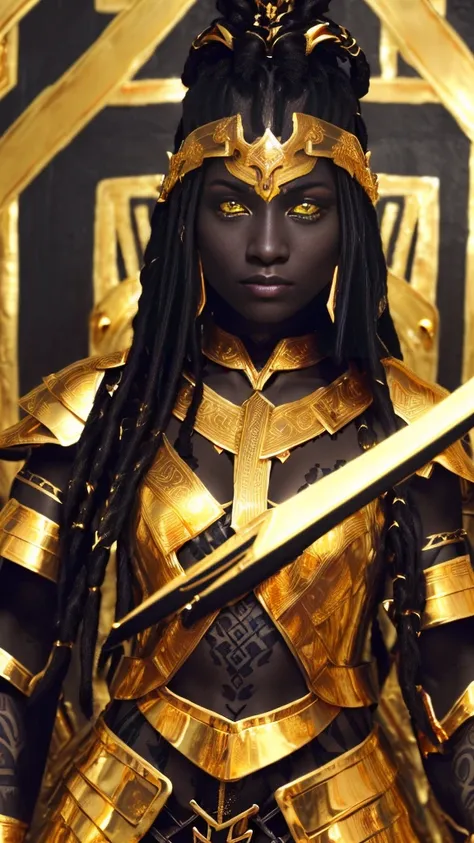 (((Close up upper body picture))), (((1 woman))), Top quality, Intricate details , (Fine skin, Shiny skin, Shiny hair, Pale complexion), A ebony woman, ((standing holding a spear)), (happyness look:1.4), (wearing black and golden battle outfit:1.8), (long ...