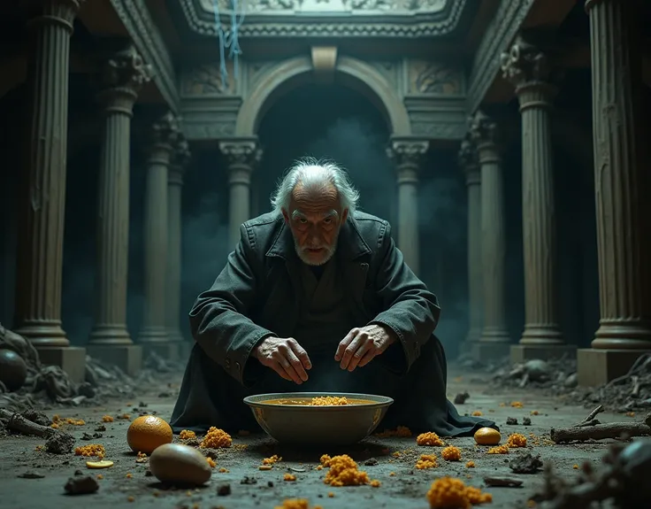 the image takes place inside a large palace, dark and abandoned,  must convey an air of danger and distrust, mysterious old man soup nutrients