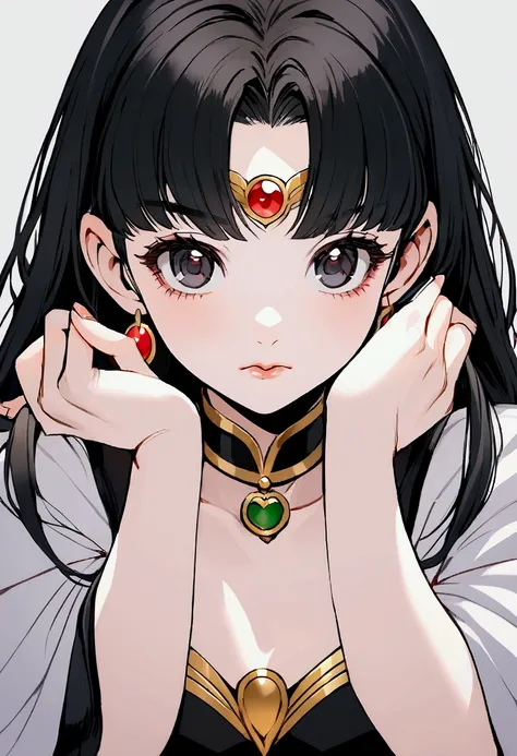 create an image in the Sailor Moon style of a girl with straight black hair to her shoulders, black eyes and a small nose