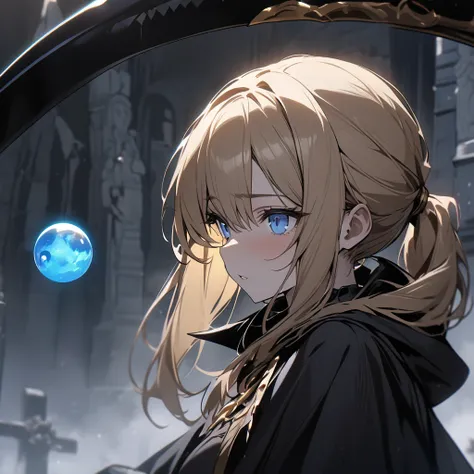 Top quality, masterpiece, high resolution, girl, gold ponytail hair, Blue eyes, black cloak, Grim Reaper with death scythe, dark atmosphere,紫色 orb light floating in the air, Western cemetery,Close-up,soul