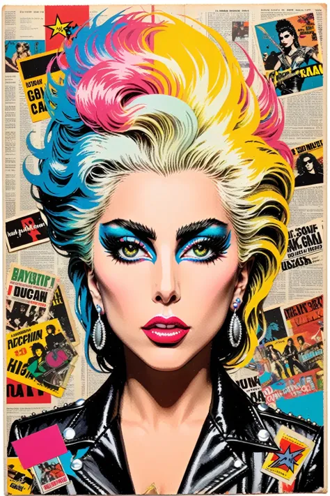 Lady Gaga Punk Collage 1980s rockstar comic book collage on a journal page colorful RGB colors