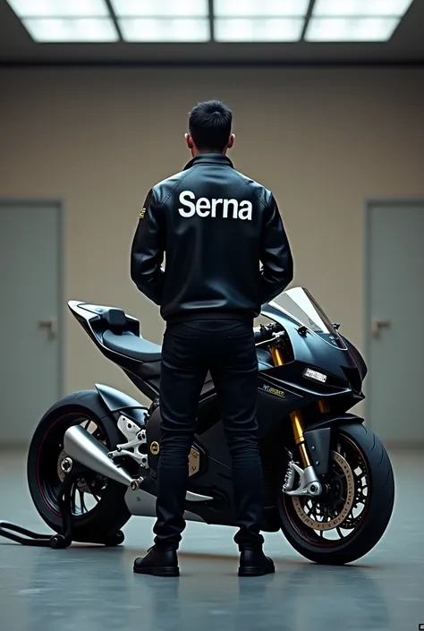 Can you create an image of a sports bike with a guy standing with his back to the camera, wearing a black jacket that says Serna on the back?