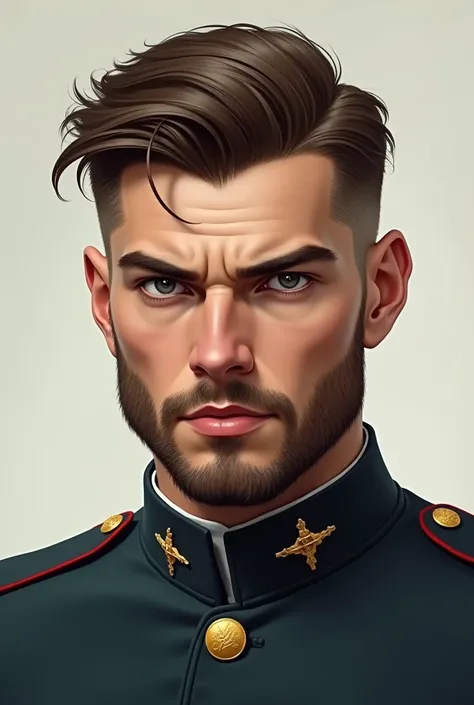 A tall, well-built young man with brown hair and grey eyes. A trimmed beard. Dressed in a military uniform. 