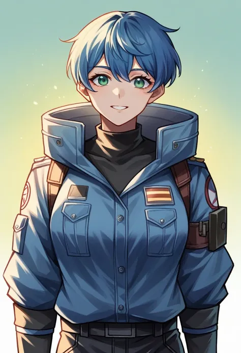 anime girl in a blue jacket and black pants with a gun, Makoto Shinkai ( Apex Legends ), Kantai collection style, Gouvez, Female protagonist 👀 :8, Mechanized Soldier Girl, (sfw) safe to work, portrait anime space cadet girl, android-heroine, artwork in the...