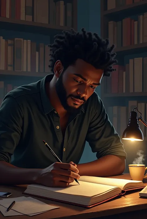 A dark-skinned male writer writing a story 
