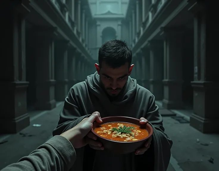 the image takes place inside a large palace, dark and abandoned,  must convey an air of danger and distrust, man taking soup with nutrients in a bowl in one go, first person view, securely holding a bowl with two hands 