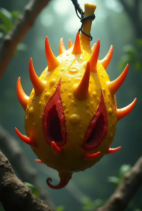 A yellow Devil Fruit with red details and a spiky, scale-like shape.