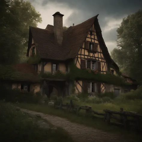 a dilapidated alsatian house in a small village, overgrown with vegetation, wooden beams, haunted, atmospheric, muted colors, dramatic lighting, detailed architecture, moody, photorealistic, (best quality,4k,8k,highres,masterpiece:1.2),ultra-detailed,(real...