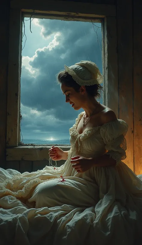 A distressed woman in 18th-century clothing giving birth in a dimly lit cabin, with a fierce storm visible through the windows