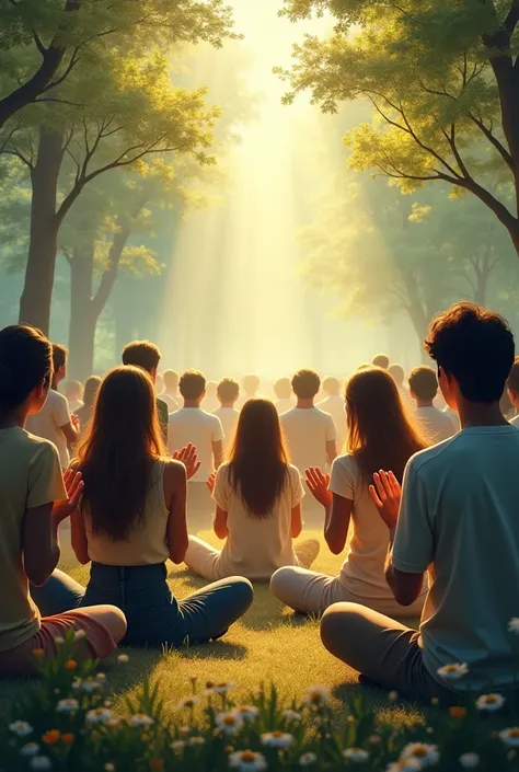 A diverse group of people praying together in a serene natural setting, with rays of