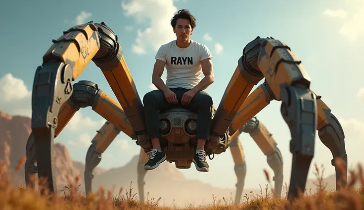 a photo-realism of a bit bulky 32-year-old handsome Indonesian man oval face wavy hair, white t-shirt written on the chest "RAYN" riding on the back of a saddled giant mechanical spider, HD 4k high detail ultra realistic dynamic hyper realistic oled, vibra...