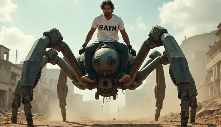 a photo-realism of a bit bulky 32-year-old handsome Indonesian man oval face wavy hair, white t-shirt written on the chest "RAYN" riding on the back of a saddled giant mechanical spider, HD 4k high detail ultra realistic dynamic hyper realistic oled, vibra...