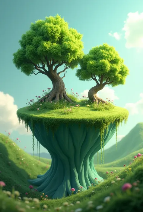 CIRCULAR LAND WITH GREEN AREA AND AT THE TOP IT HAS TWO TREES THAT ARE AN ANIMATED AND 3D