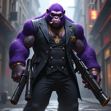 1 purple ape, With giant and high-caliber weapons, with gangster SUIT with chains, tattooed, with huge diamond and gold rings, smoking with a pipe, making a gesture of silence
