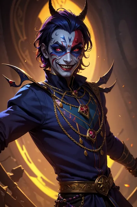 a creepy smiling male jester, extremely detailed face, highly detailed eyes, striking makeup, colorful costume, unique mask, insane expression, dynamic pose, surreal background, dark fantasy, dramatic lighting, vivid colors, cinematic composition, digital ...