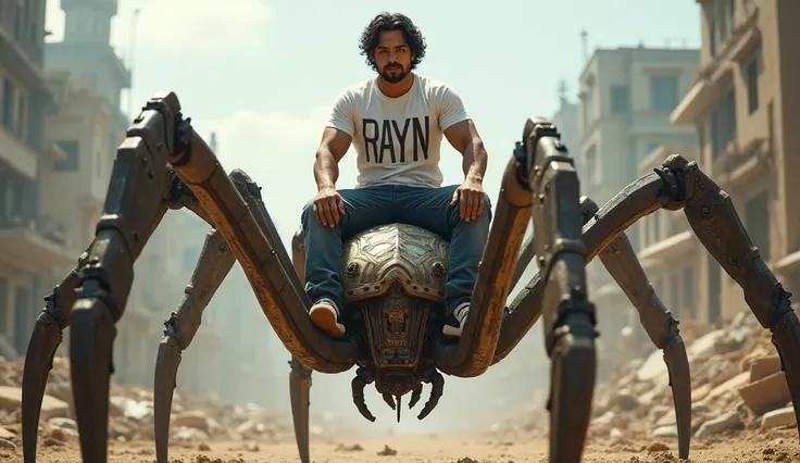 a photo-realism of a bit bulky 32-year-old handsome Indonesian man oval face wavy hair, white t-shirt written on the chest "RAYN" riding on the back of a saddled giant metalic mechanical spider, HD 4k high detail ultra realistic dynamic hyper realistic ole...