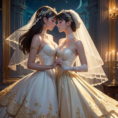 (masterpiece, highest quality, official art, beauty and aesthetic:1.5), perfect anatomy, two stunning bride is deeply in love with each other, kiss, romantic atmosphere, flower and moon, magnificent panorama view