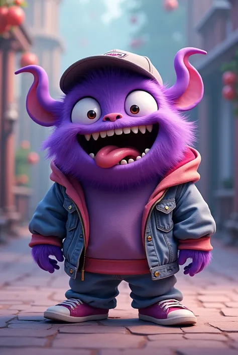 Small, happy, purple, cute monster with its mouth open and tongue sticking out, wearing gangster-style skater clothes and a cap., artwork style: Surrealism