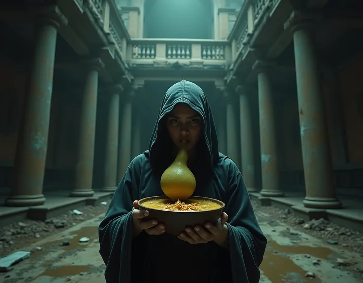 the image takes place inside a large palace, dark and abandoned,  must convey an air of danger and distrust, , First-person view of someone drinking a nutrient-rich soup from a gourd in one gulp., securely holding a bowl with two hands 