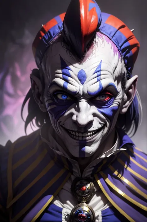 a crazy male jester, creepy smiling blank white mask, exaggerated facial features, bright colorful clothing, zany and chaotic pose, dark surreal fantasy background, dramatic lighting, (best quality,4k,8k,highres,masterpiece:1.2),ultra-detailed,(realistic,p...